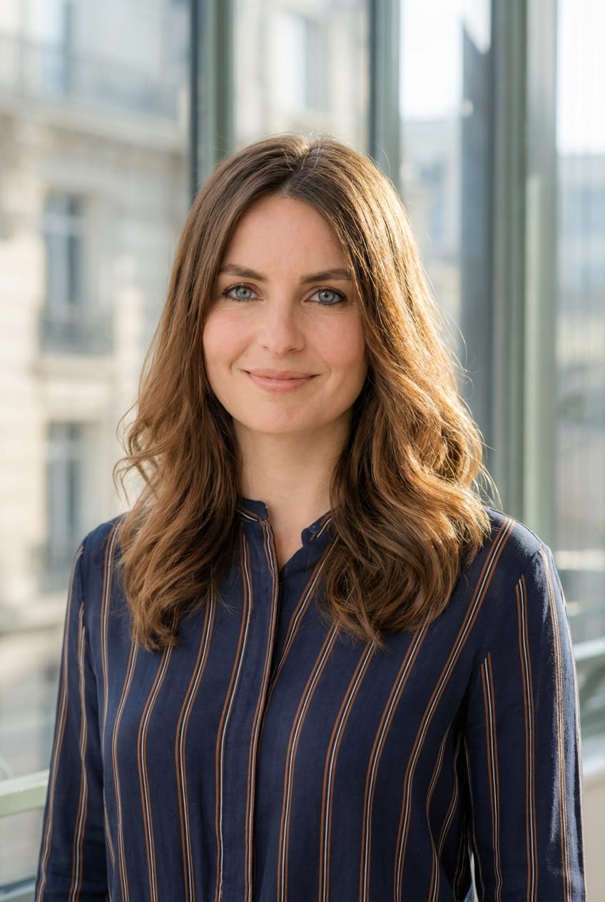 Young person with curly hair wearing a rust-colored blazer and black turtleneck, looking confidently at the camera against a neutral background.