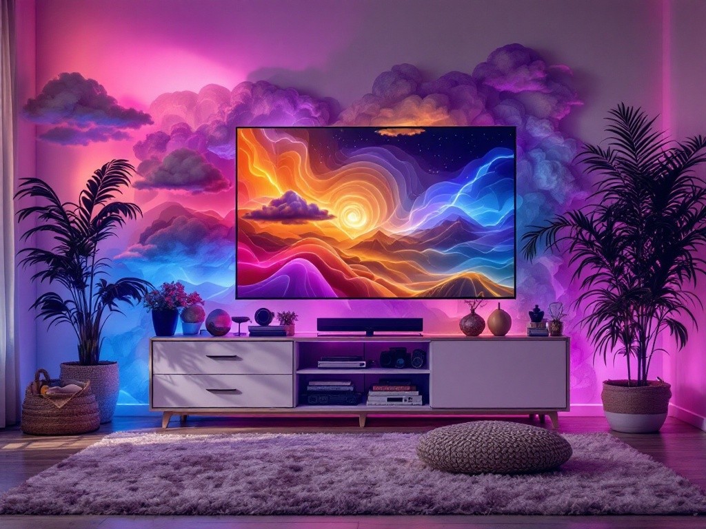 A television displaying a vibrant landscape image is set against a wall decorated with clouds and illuminated with colorful LED lights. Two potted plants flank the television stand, which holds various electronic devices and decorative items. A fluffy rug sits in front of the entertainment center, adding to the cozy ambiance of the room.