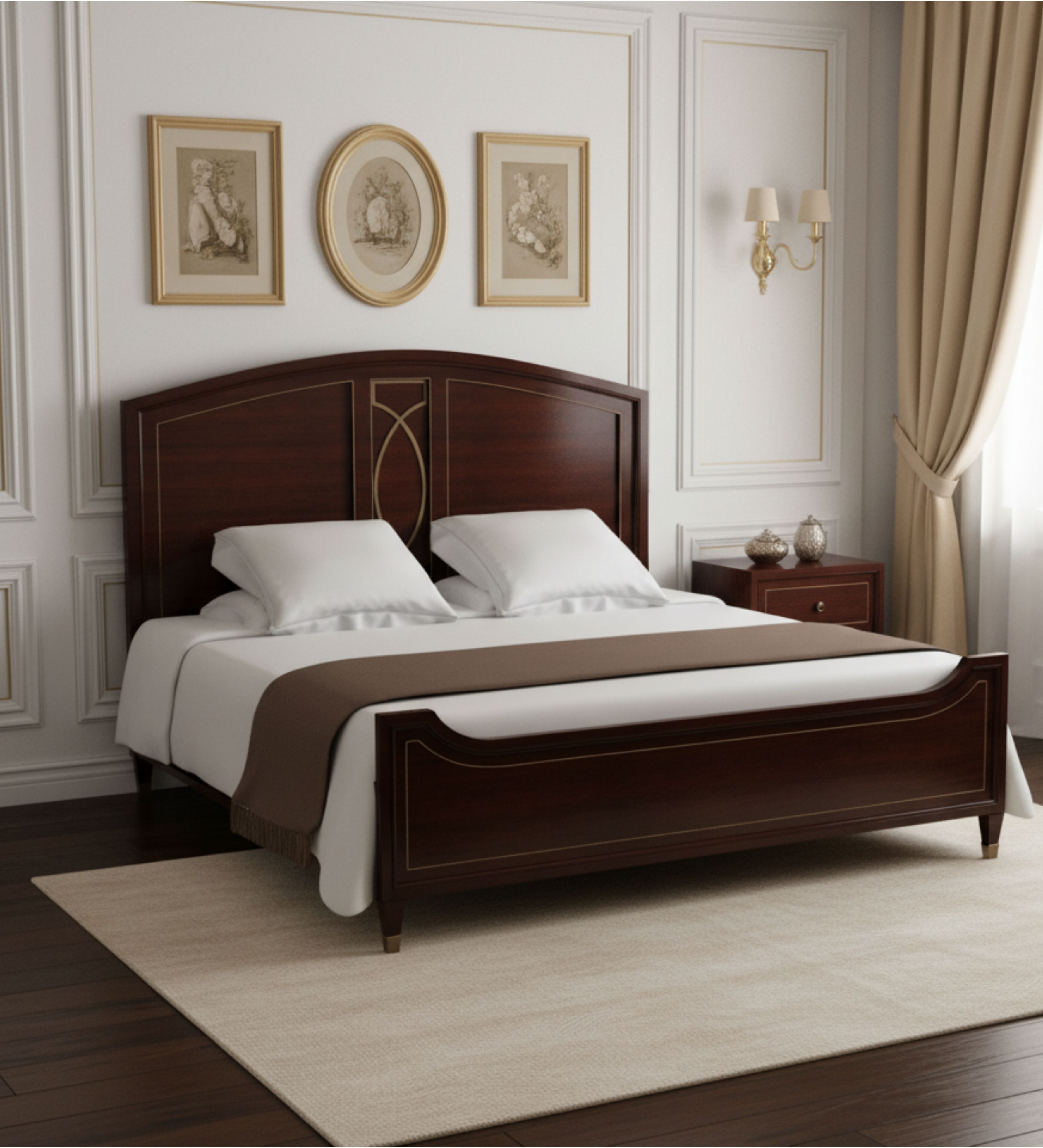 Wooden bed with gently curved headboard, smooth finish, and enclosed frame design