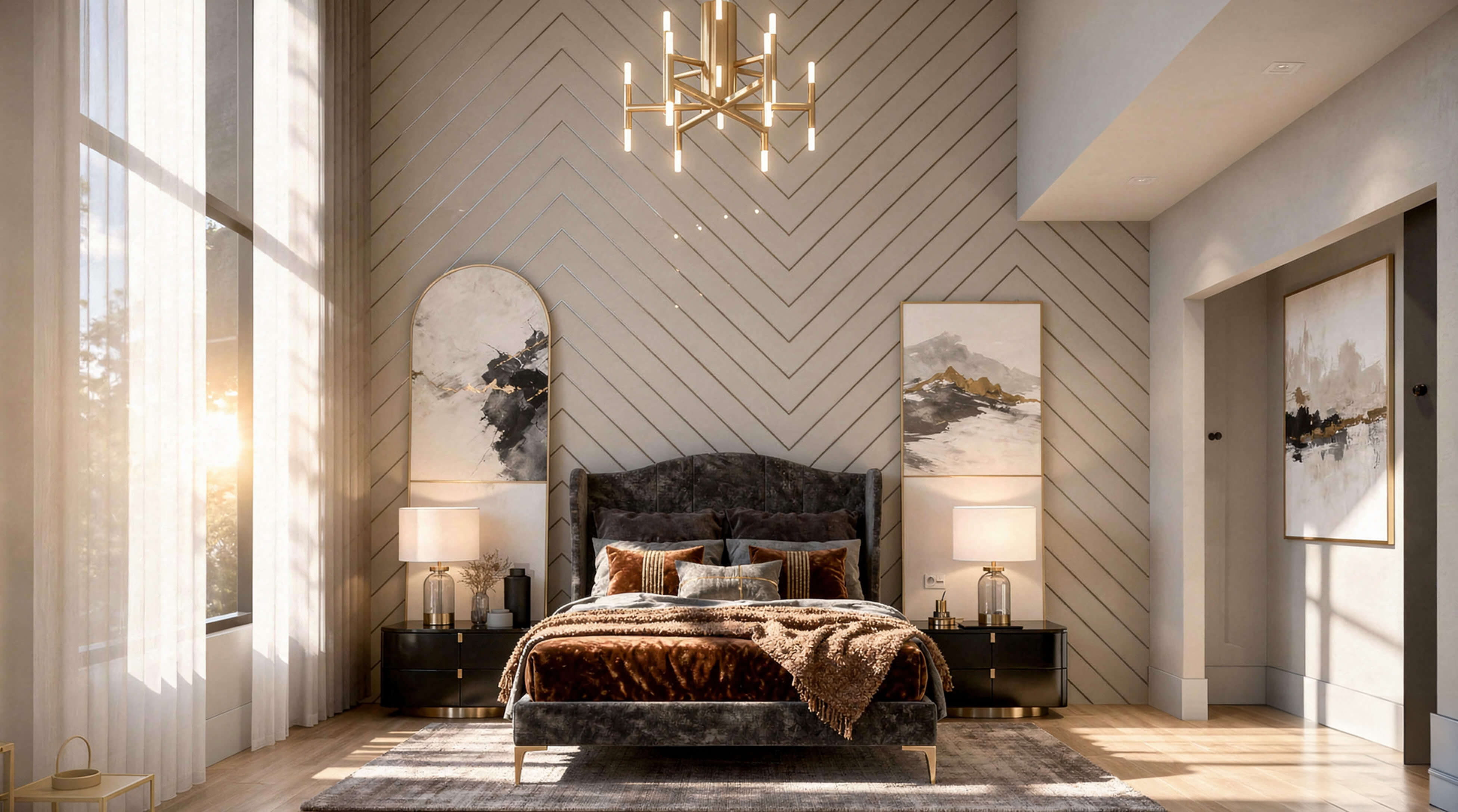 Luxury bedroom with chevron accent wall, upholstered bed, layered neutrals, and warm brass lighting