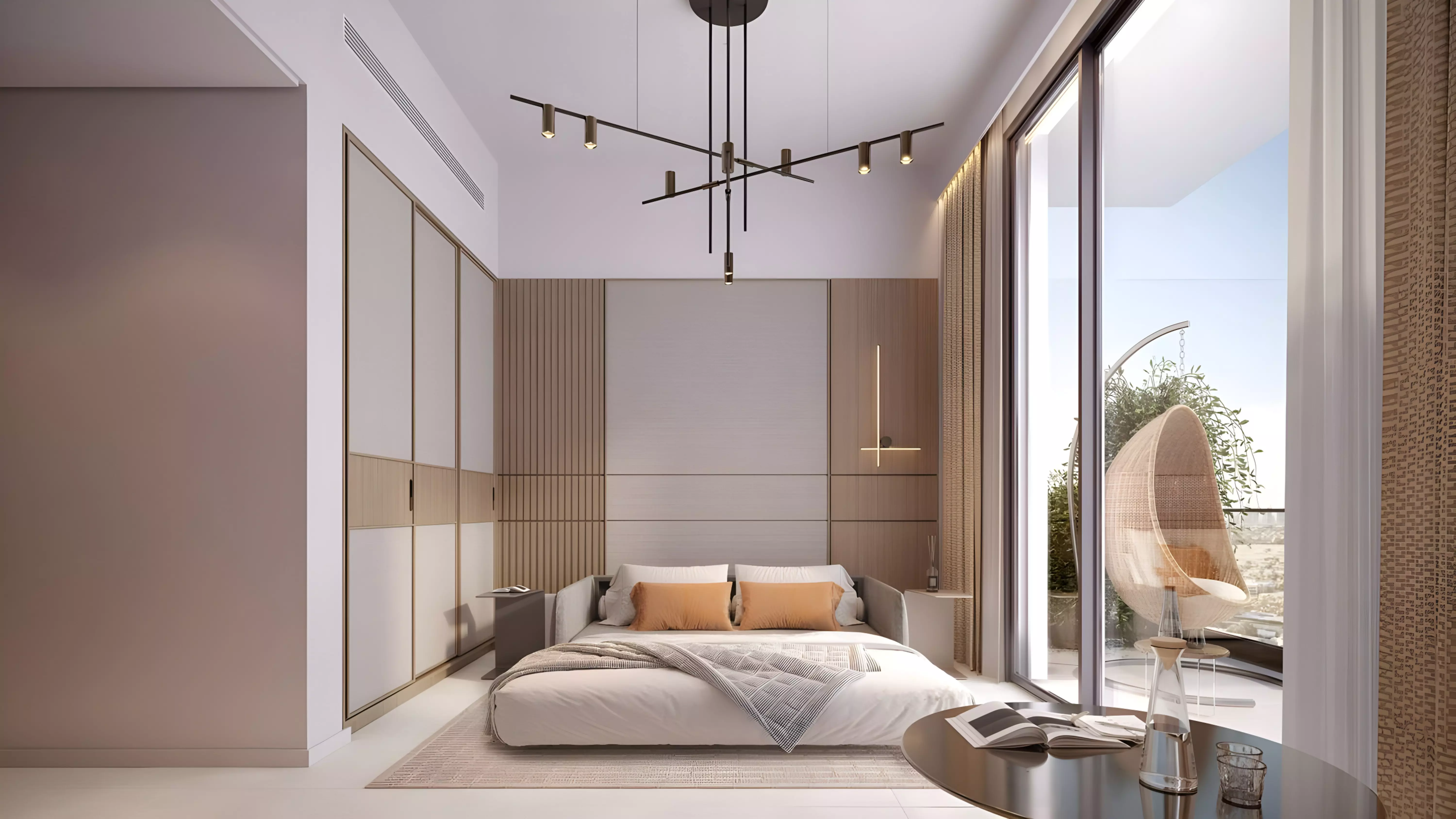 Elegant modern living room with a breathtaking cityscape visible through floor-to-ceiling windows, designed by Azizi Noura.