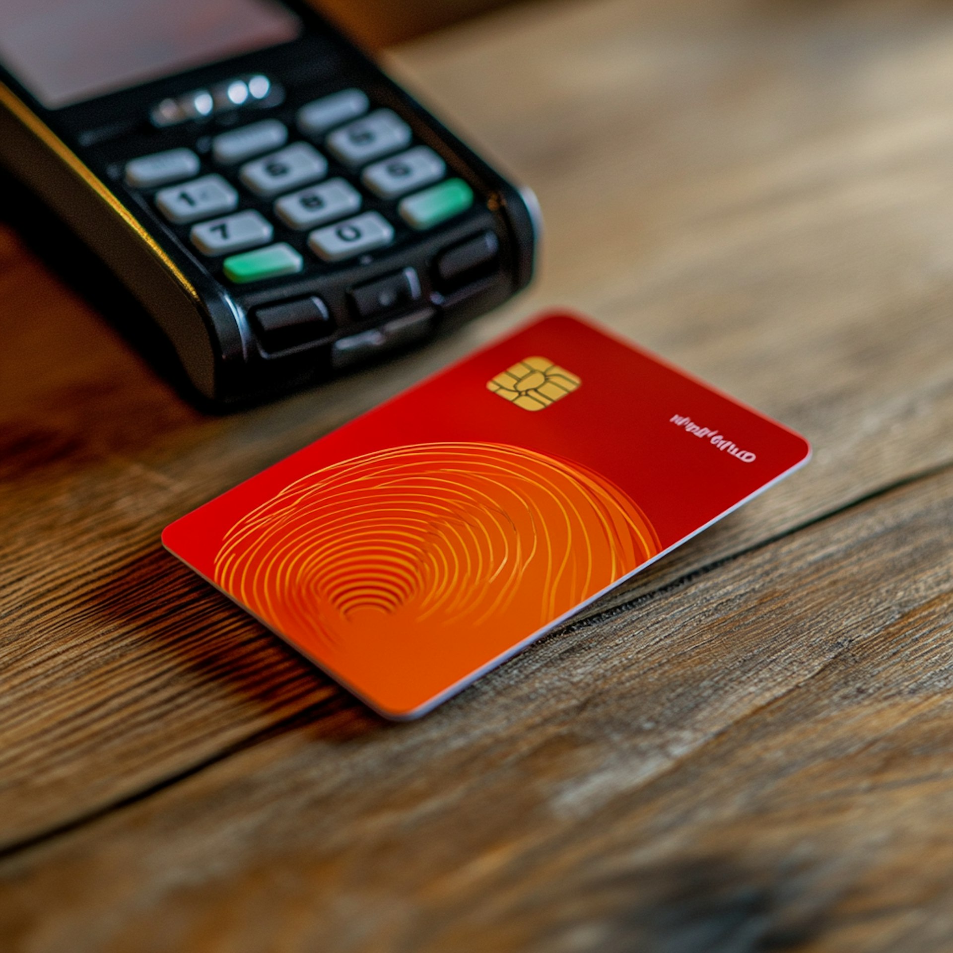 The image meticulously captures a vibrant red debit or credit card adorned with a dynamic wave pattern in bright orange, placed prominently on a wooden surface. 