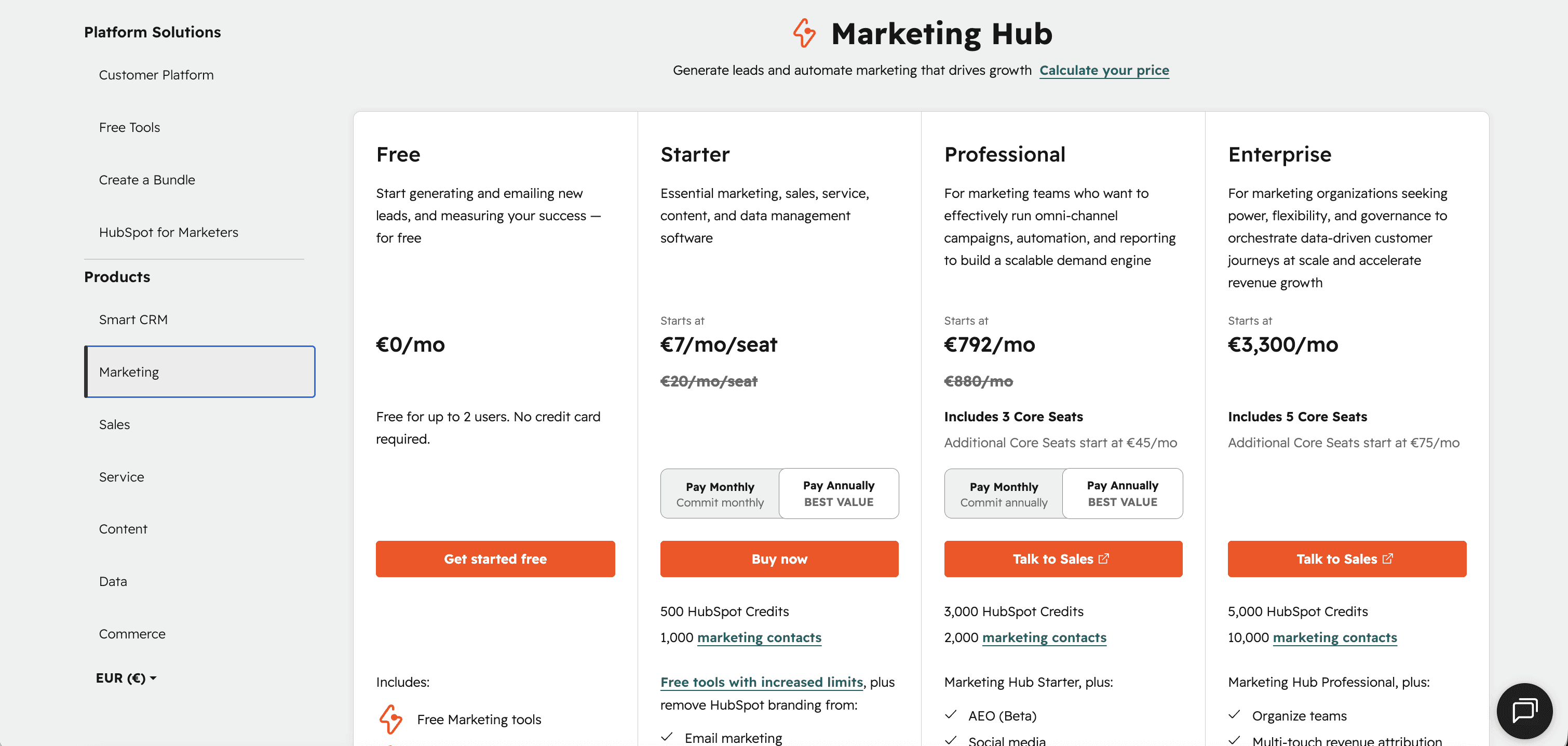 HubSpot pricing 2026 calculator showing Marketing Hub Pro tier with contact-tier slider and per-5k contact upsell.