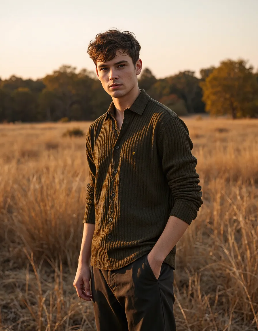 Portrait in golden hour light featuring olive ribbed shirt against autumn wheat field, showcasing warm earth tones in fall fashion setting