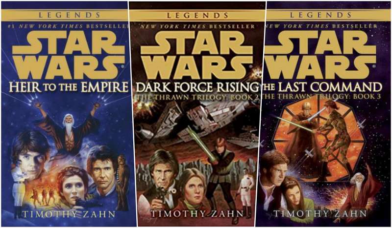 A three-part collage of the covers of the Original Thrawn Trilogy