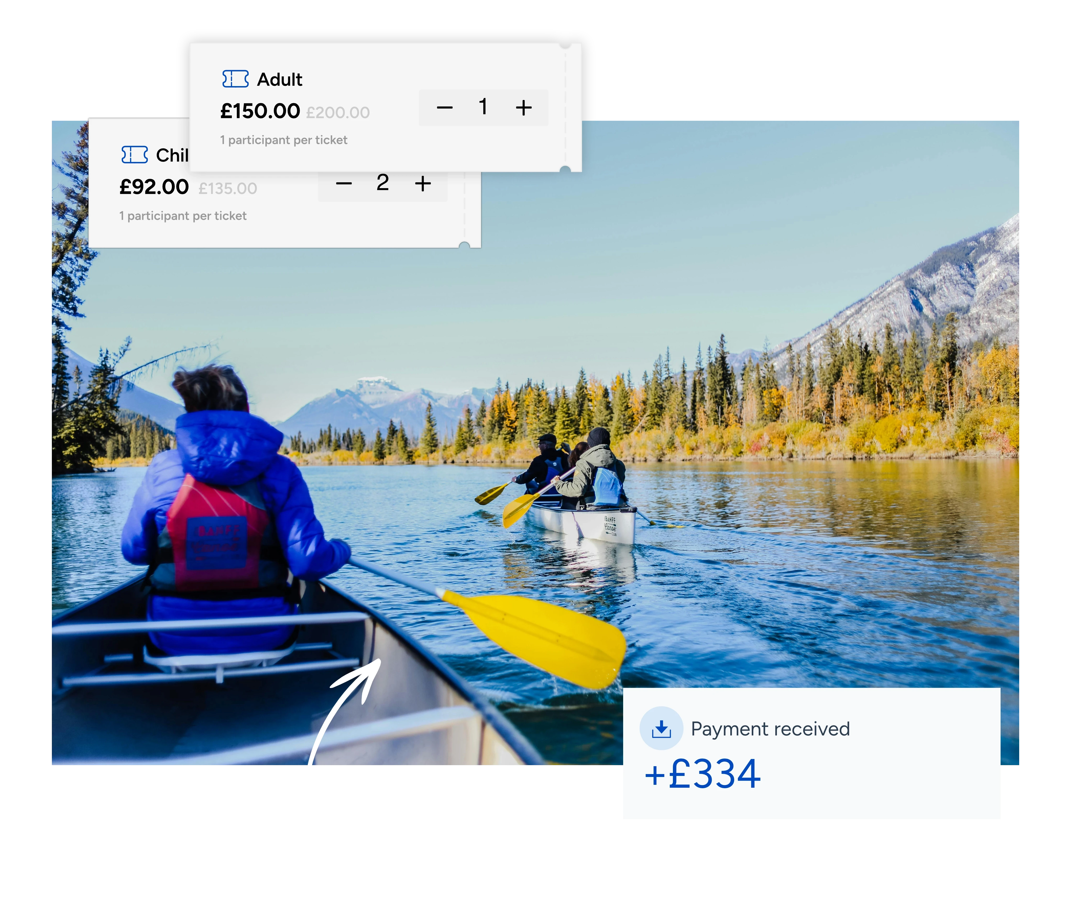 People canoe on a serene blue lake surrounded by autumn trees and mountains