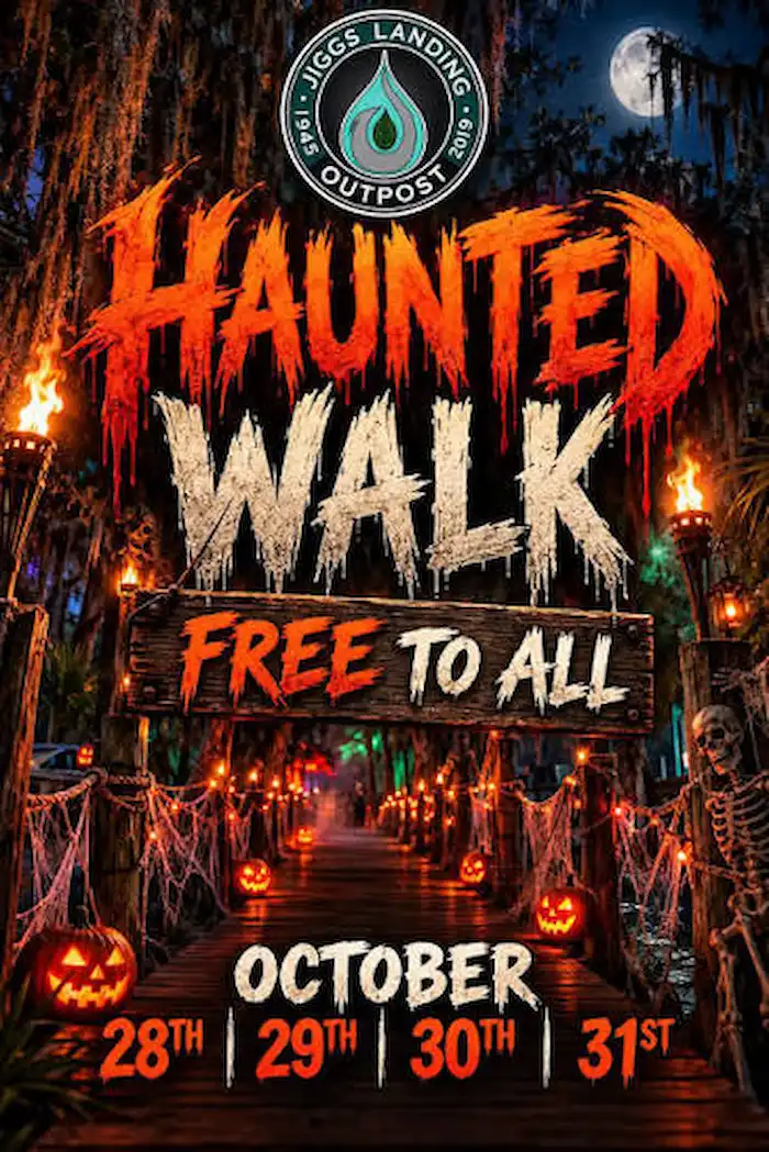 A spooky haunted walk event at Jiggs Landing Outpost in Bradenton, FL, features a moonlit, decorated path lined with carved pumpkins and eerie skeletons, scheduled for October 28th to 31st.