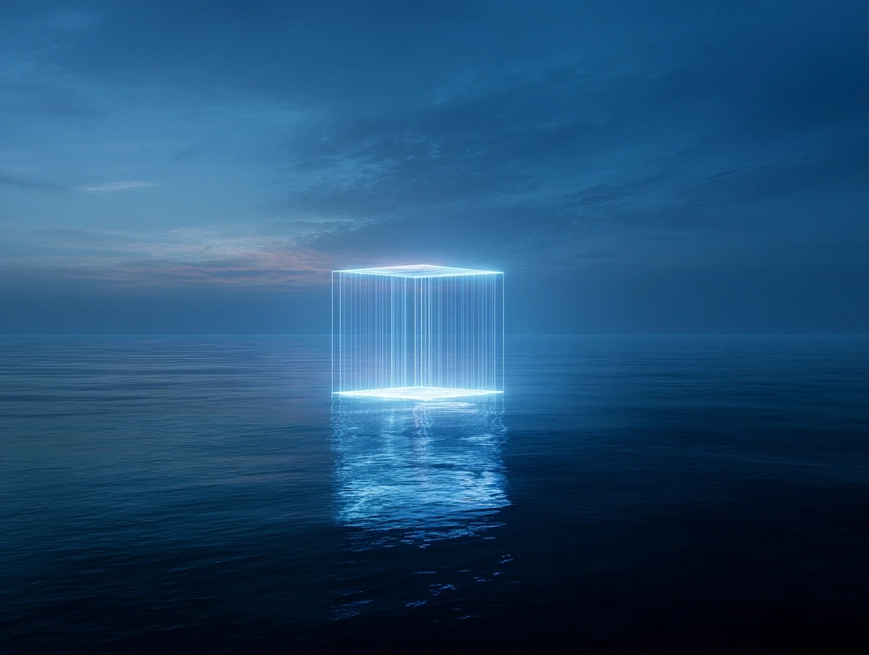 Glowing blue cube floating on water. Futuristic digital art with light beams and reflections. Ocean and sky.