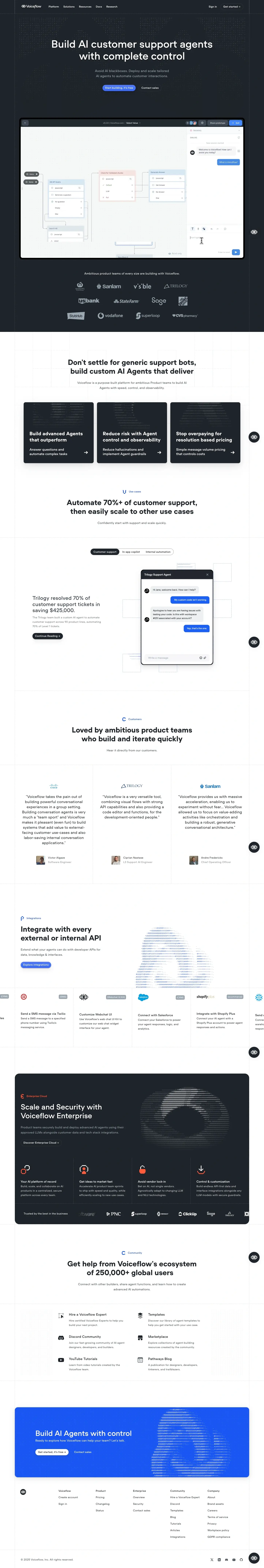 Voiceflow landing page screenshot showcasing Tech and AI design