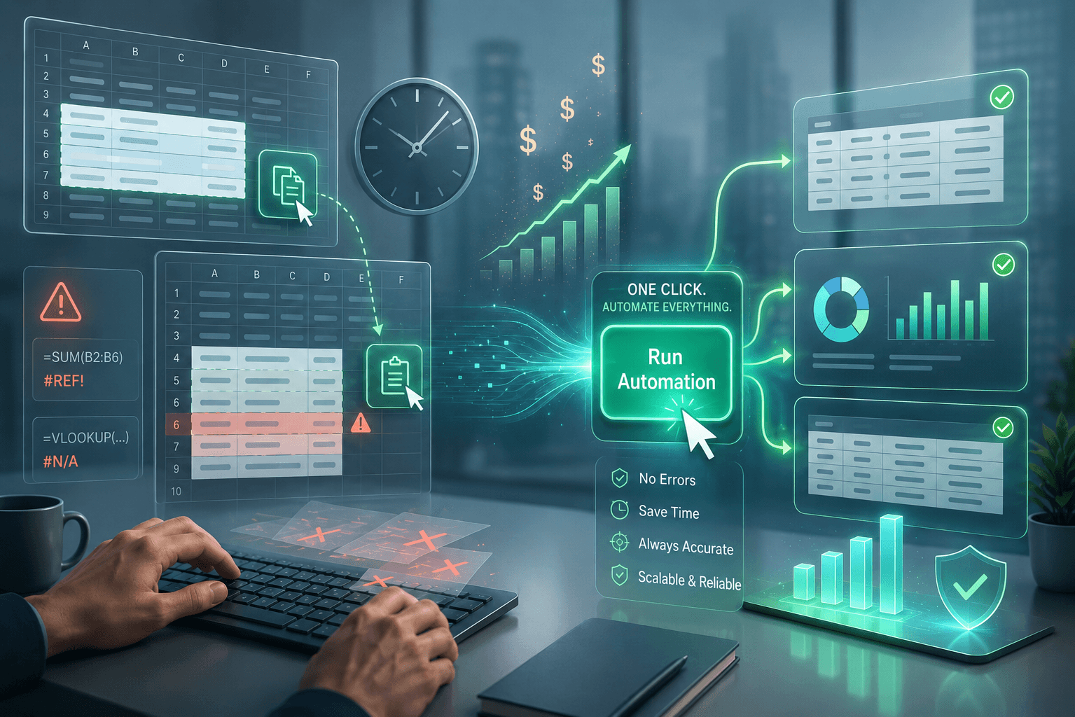 Excel automation image showing copy-paste errors, data workflow, and one-click automated reporting for business spreadsheets.