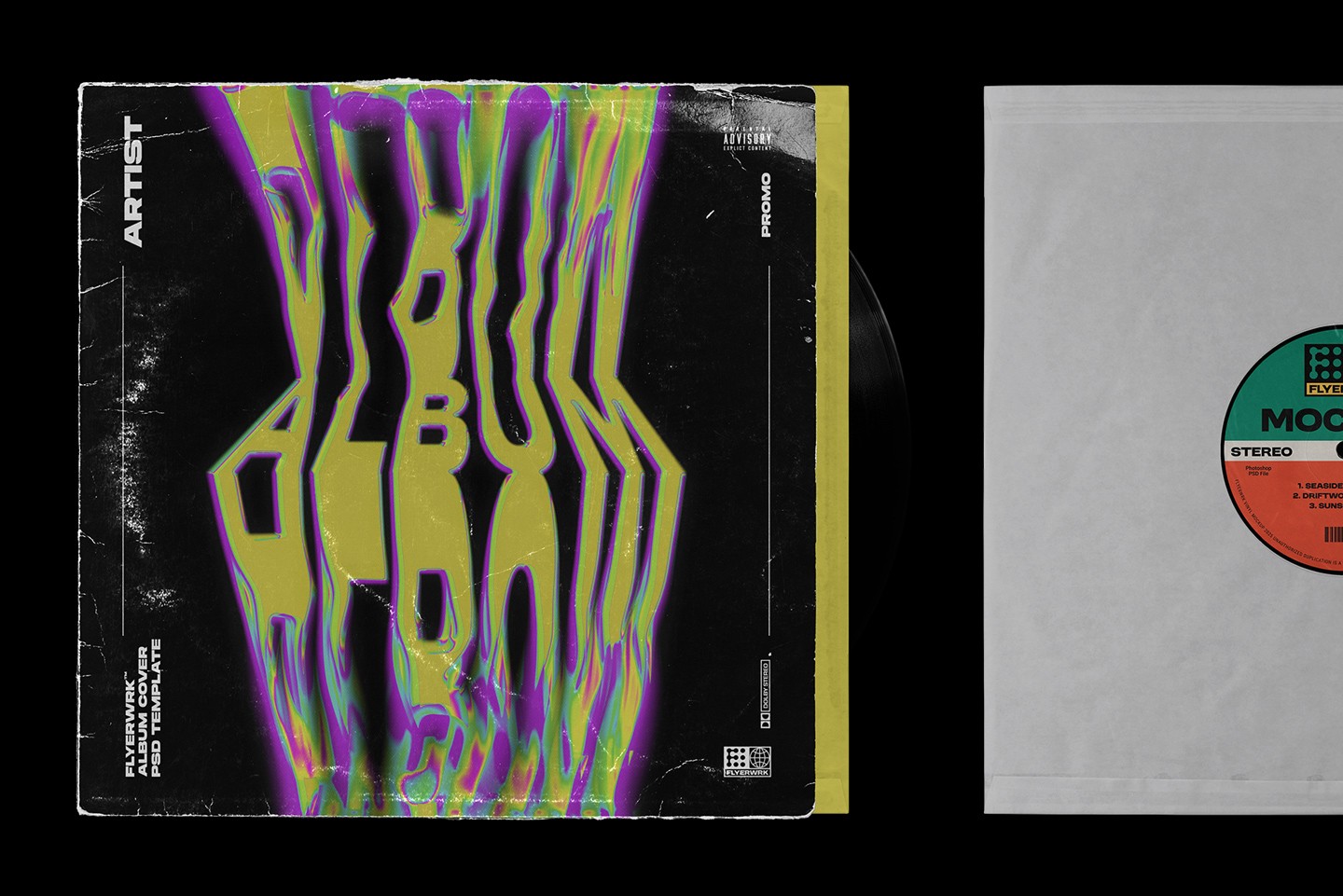 Vinyl record mockup displaying custom album cover design with colorful artwork