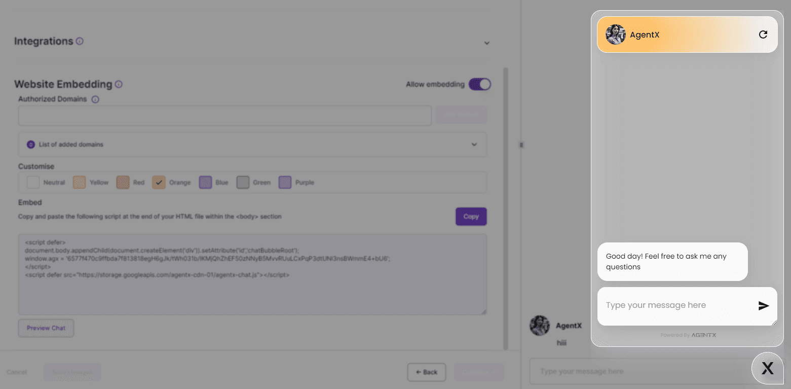 AgentX chatbot preview on website.