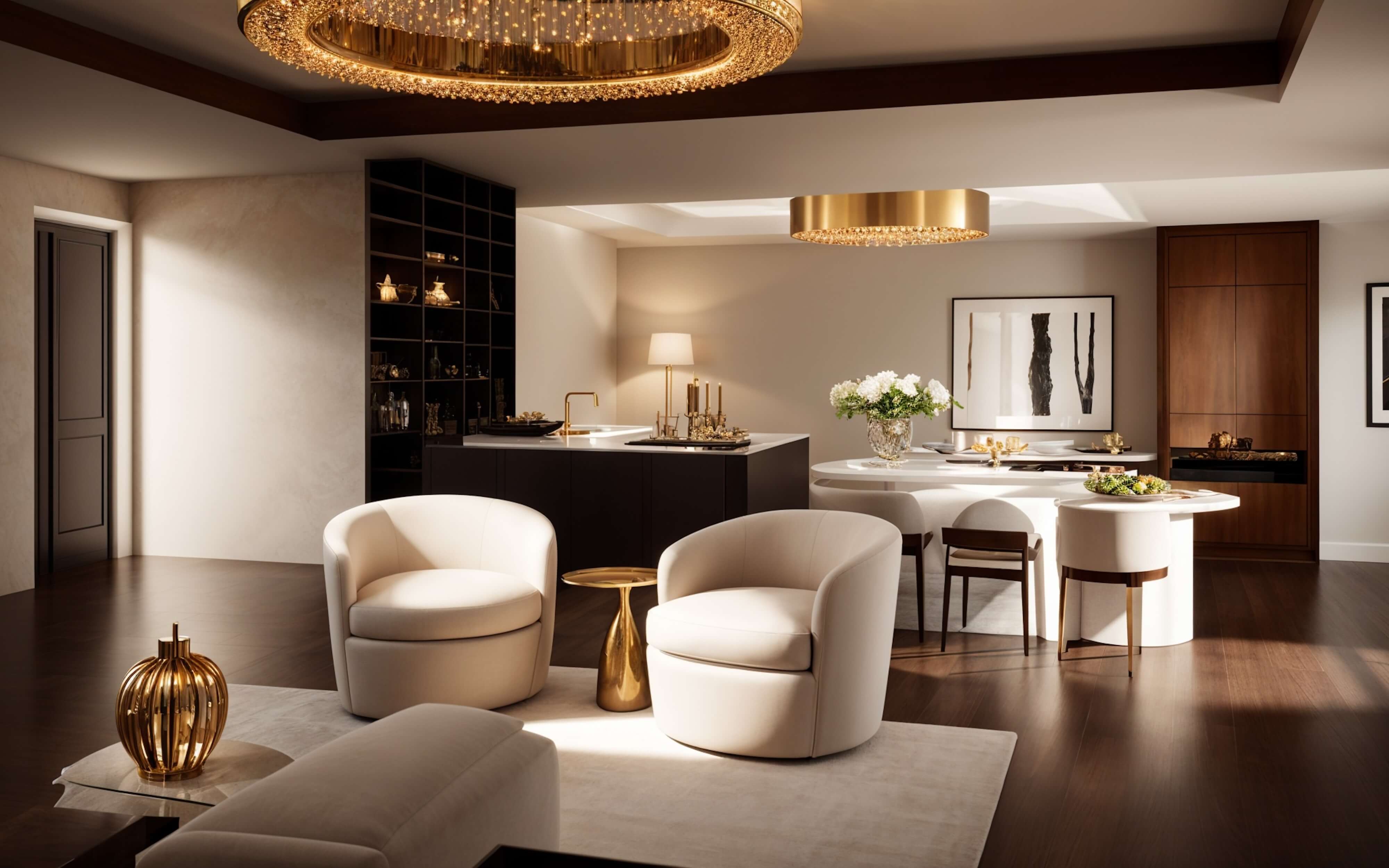 Sculptural yacht salon with curved seating, statement gold lighting, and a refined dining vignette blending modern elegance with quiet luxury.