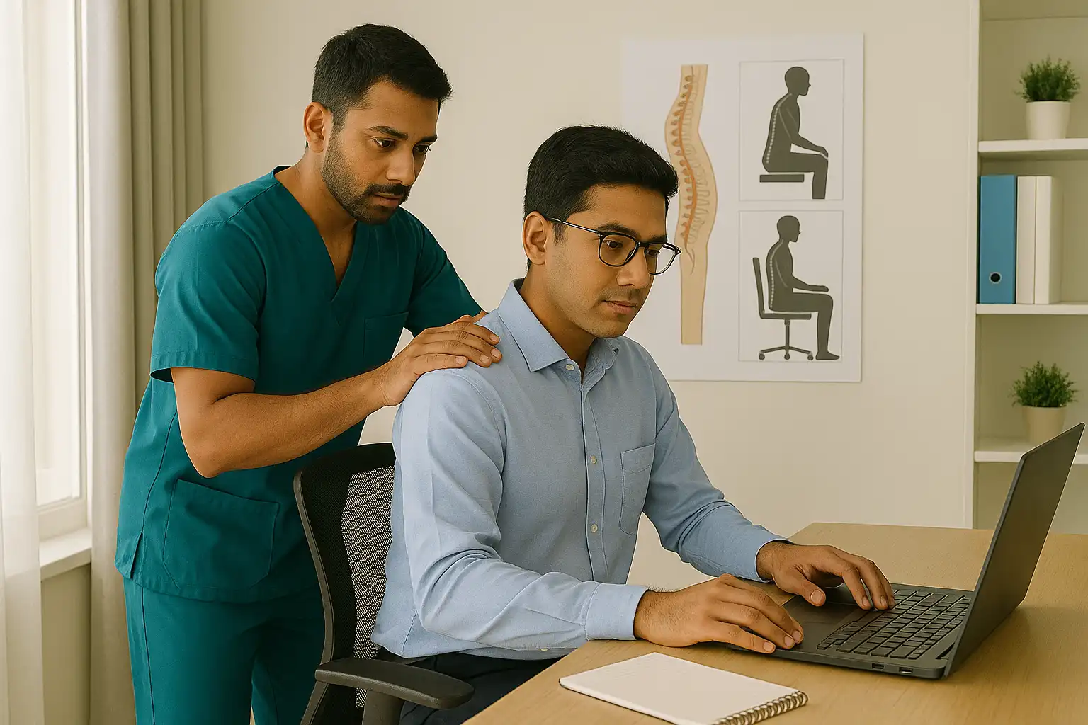 Physiotherapist assessing a man’s sitting posture at his workstation, placing hands on his shoulders while he uses a laptop, with spine and posture charts in the background.