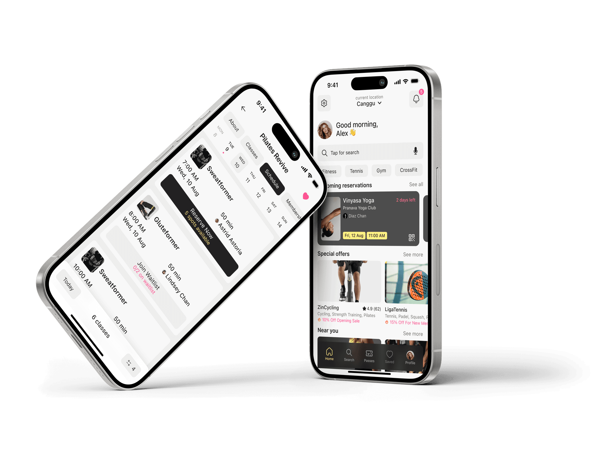 Spotr mobile app interface showing sports facility search and booking