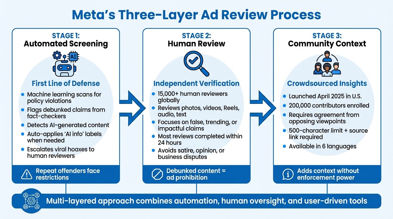 Meta's Three-Layer Ad Review Process for Misinformation Detection