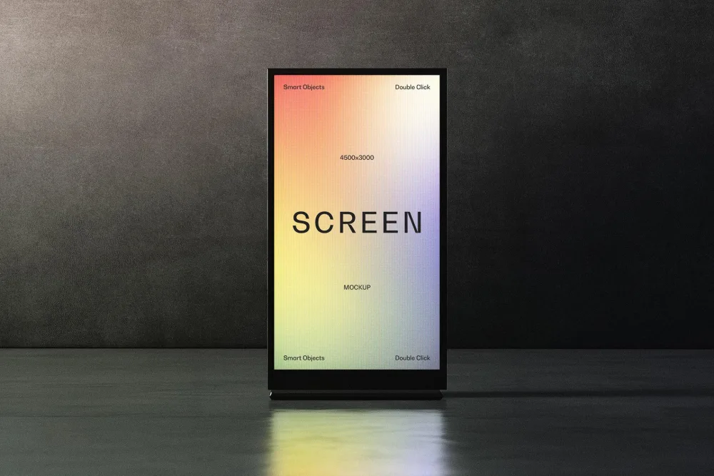 Digital screen mockup with a gradient blue and pink display, framed in a sleek black stand against a dark textured wall. The reflective floor enhances the minimalist, modern aesthetic.