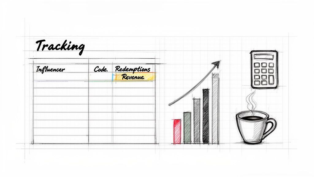 Hand-drawn sketch showing influencer marketing tracking table, growth chart, calculator, and coffee cup.