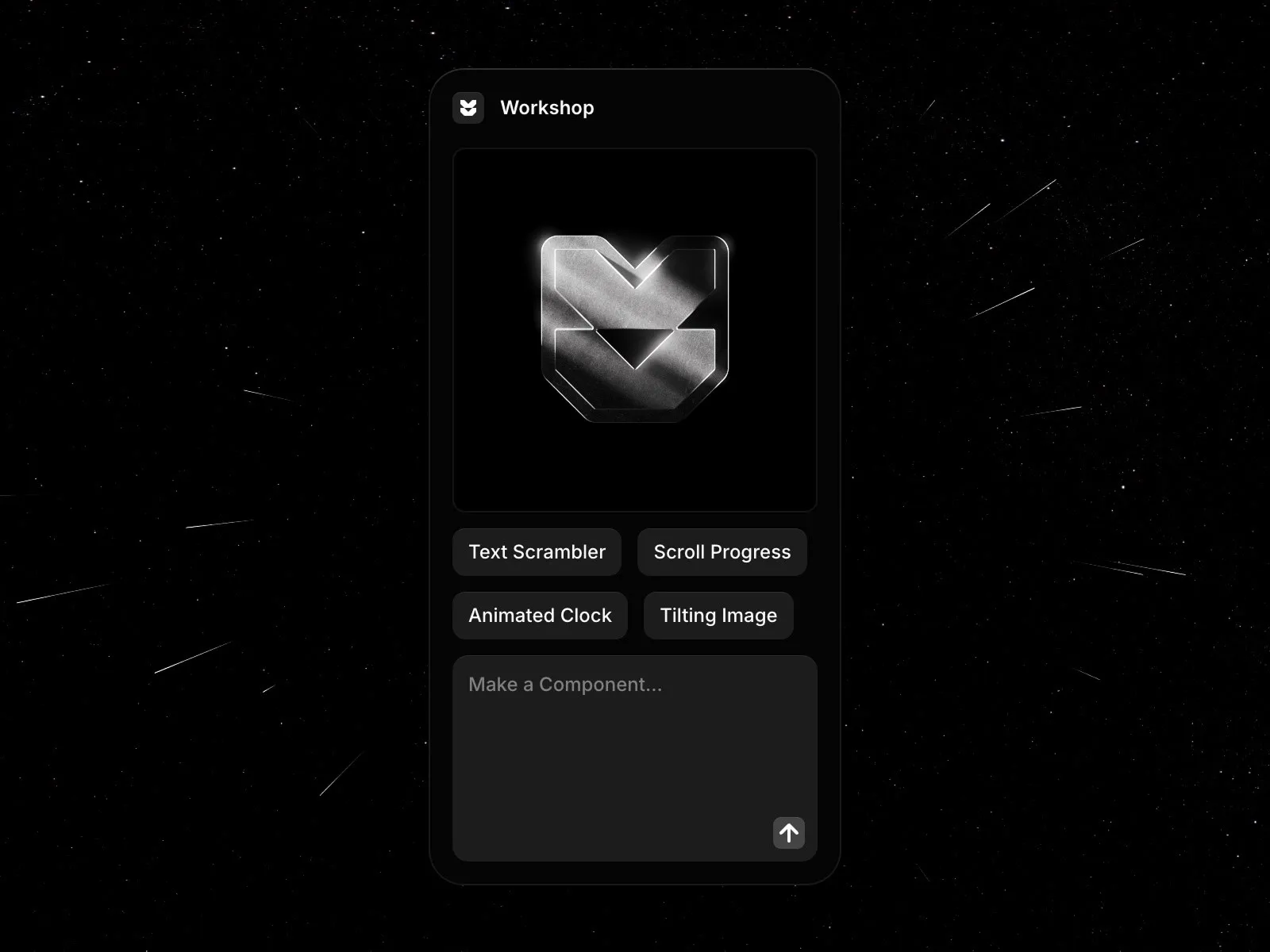 Black interface with a metallic logo and buttons on a starry background.