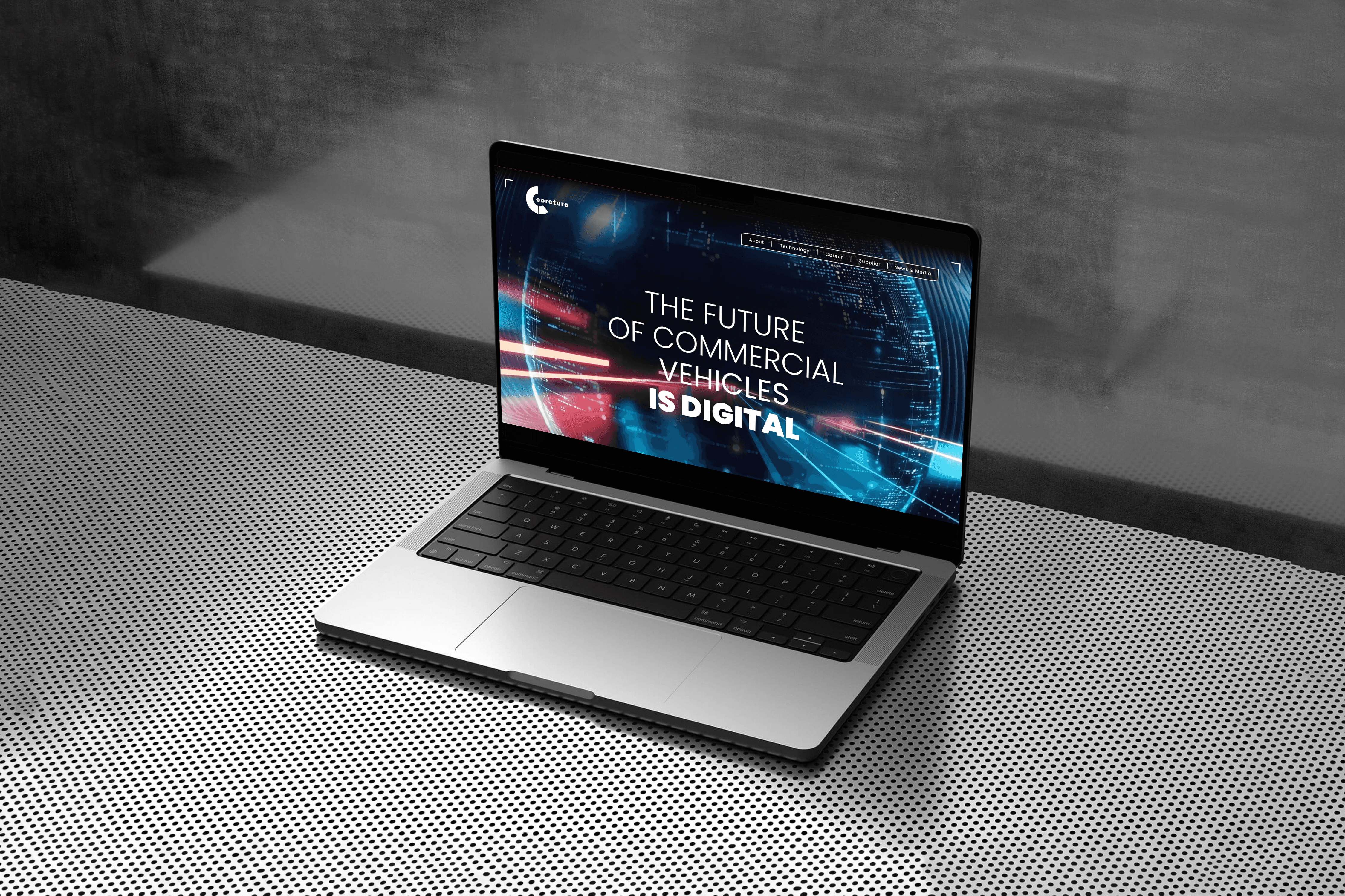 Laptop mockup on a dark background showing a Radius campaign slide with the headline about unlocking the digital future of commercial vehicles.