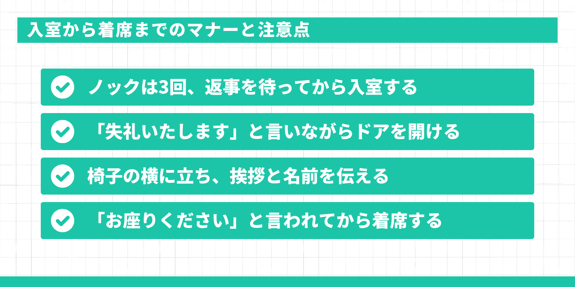 入室から着席までのマナーと注意点。ノックは3回・返事を待ってから入室、「失礼いたします」と言いながらドアを開ける、椅子の横に立ち挨拶と名前を伝える、「お座りください」と言われてから着席するの4点。
