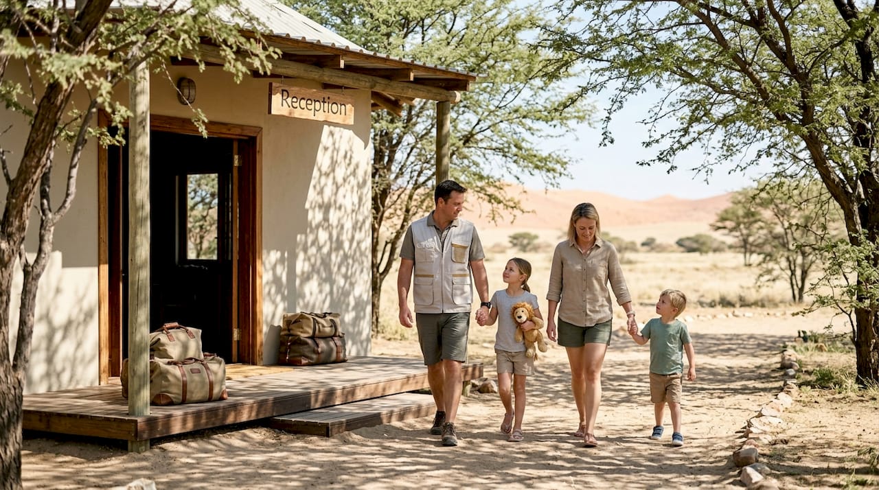 Family arriving at Namibia safari lodge