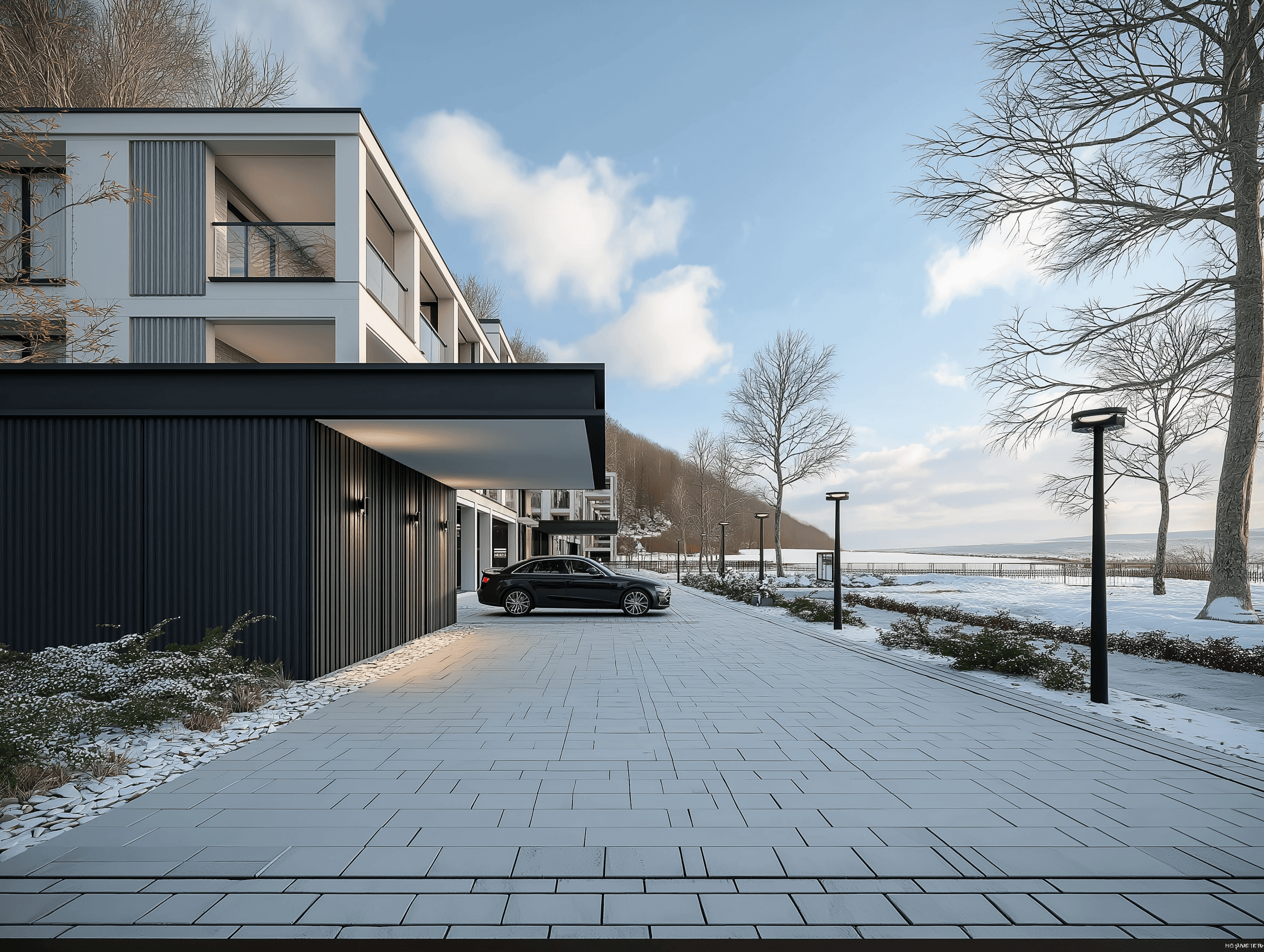 Modern apartment building with a carport in a winter setting, visualizing an article about upcoming neighborhoods.