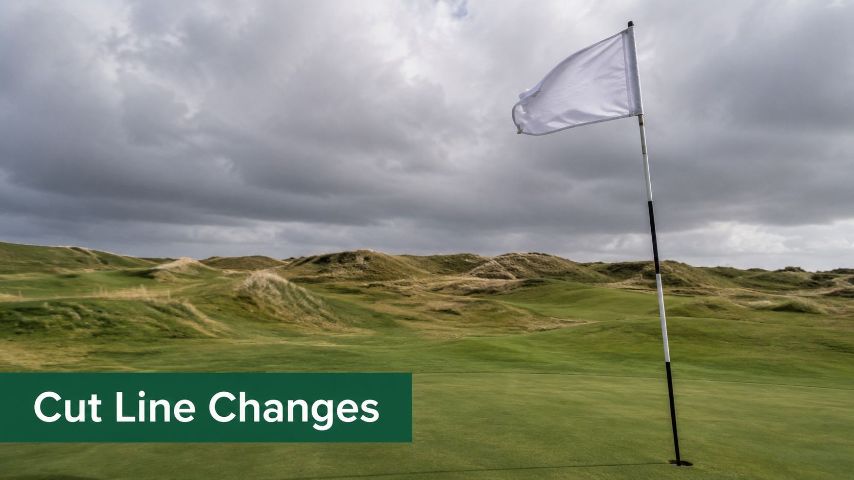 A scenic view of a golf putting green with a white flag under a cloudy sky.