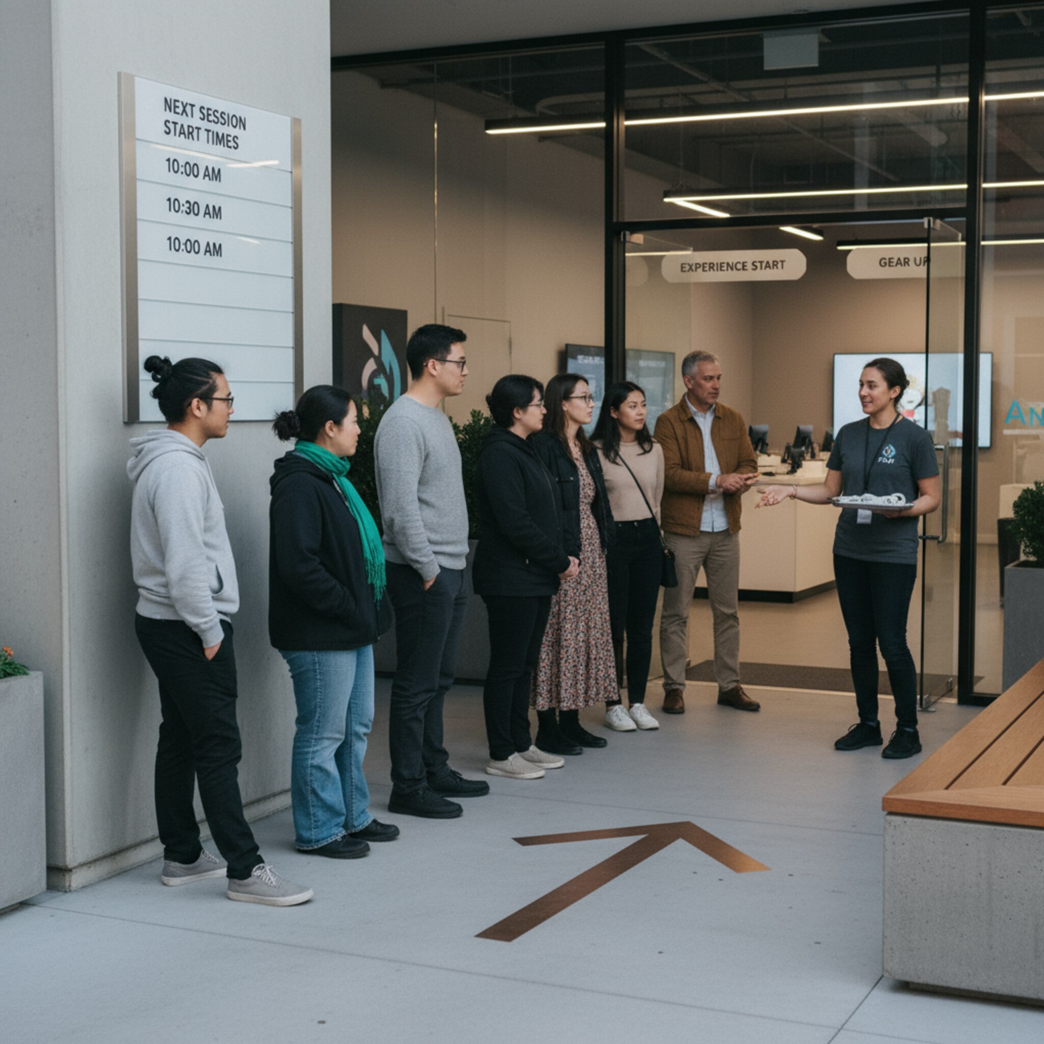 Vor dem Eingang zeigt ein dezentes Schild die nächsten Startzeiten, Gäste stellen sich gelassen in einer kurzen Schlange an. Ein Teammitglied verteilt Armbänder und weist den Weg zur richtigen Zone. Die Abläufe wirken eingespielt und zügig. Die Atmosphäre bleibt entspannt.