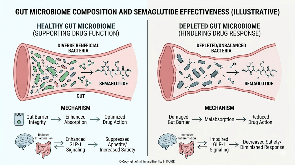Gut microbiome role in semaglutide response showing Akkermansia bacteria and GLP-1 signaling