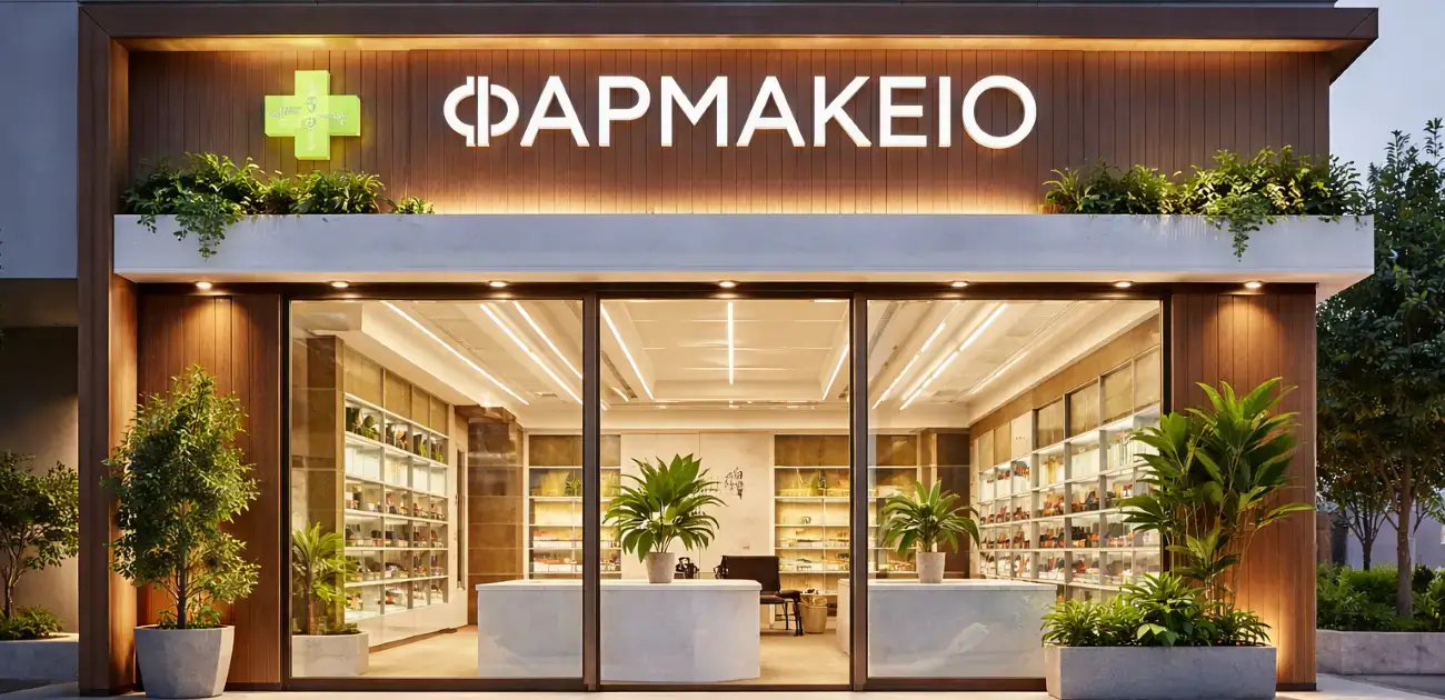 Ανακαίνιση φαρμακείου με premium φωτισμό, σύγχρονες βιτρίνες και minimal αρχιτεκτονική στα Μεσόγεια