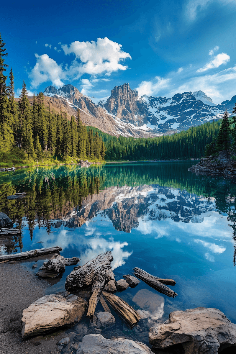 Scenic mountain lake with clear reflections, rocky shore, pine forest, and snow-capped peaks under a bright sky.