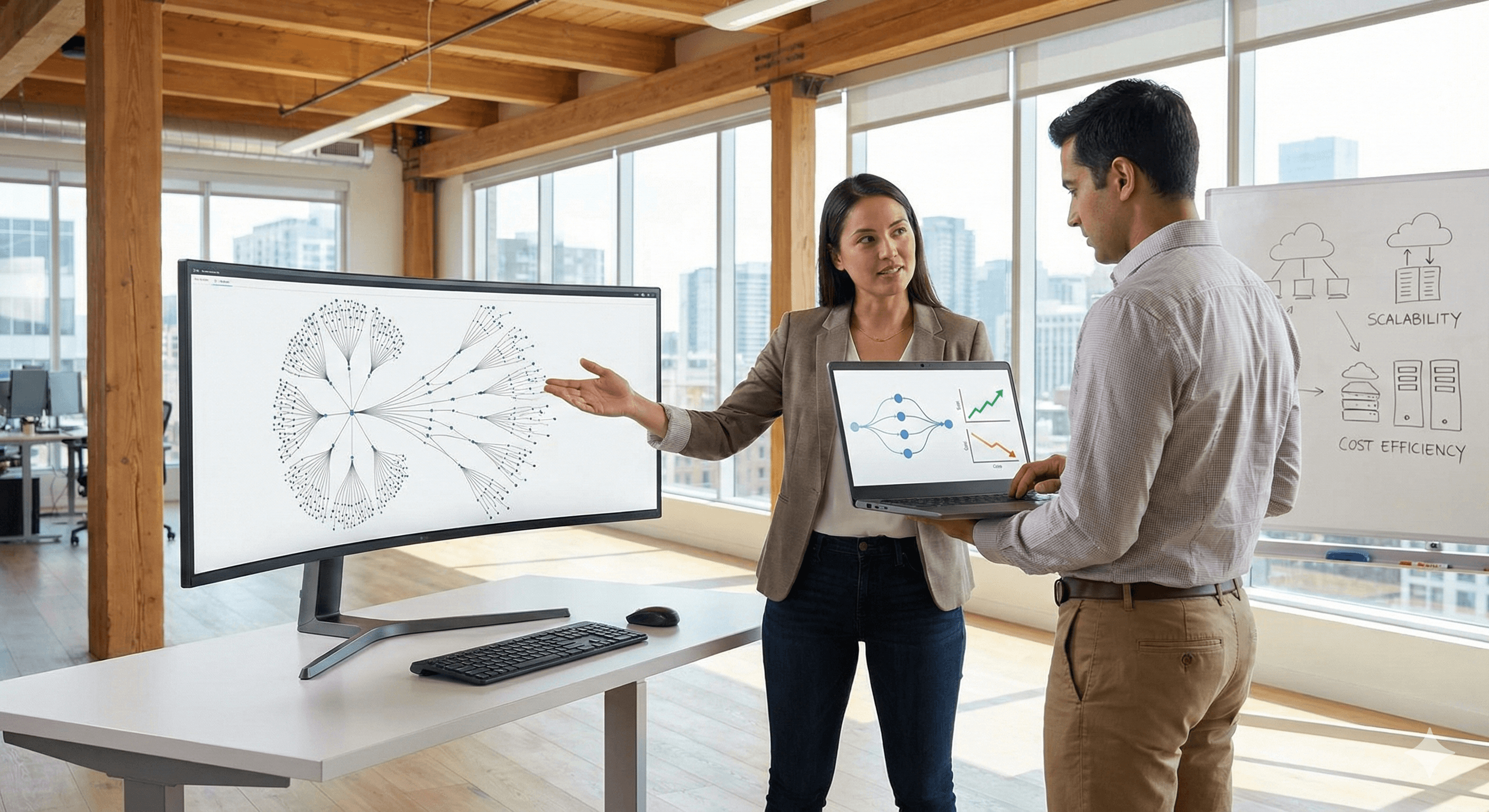 A man and woman in a modern office discuss data visualization on a large monitor displaying a complex network graph, with keywords 'Notion Vector Search: 10x Scale at 1/10th the Cost' highlighted on a chart, emphasizing scalability and cost efficiency.