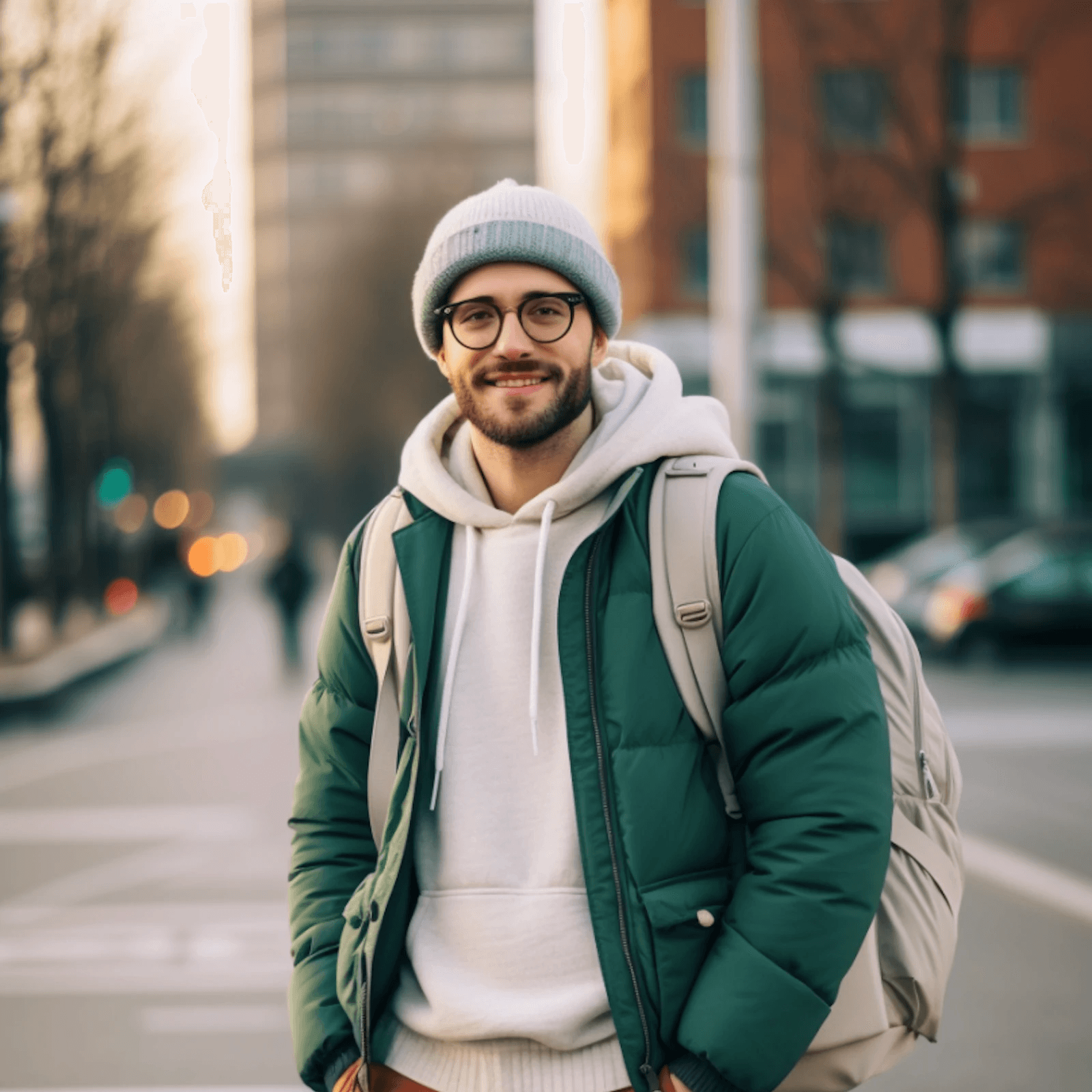 Man with glasses and backpack, outdoors