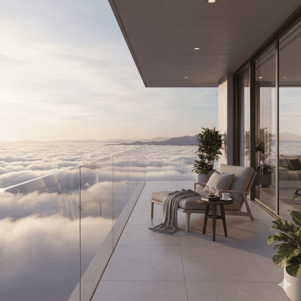 Luxury apartment balcony view overlooking a sea of clouds in Sector 65 Gurgaon