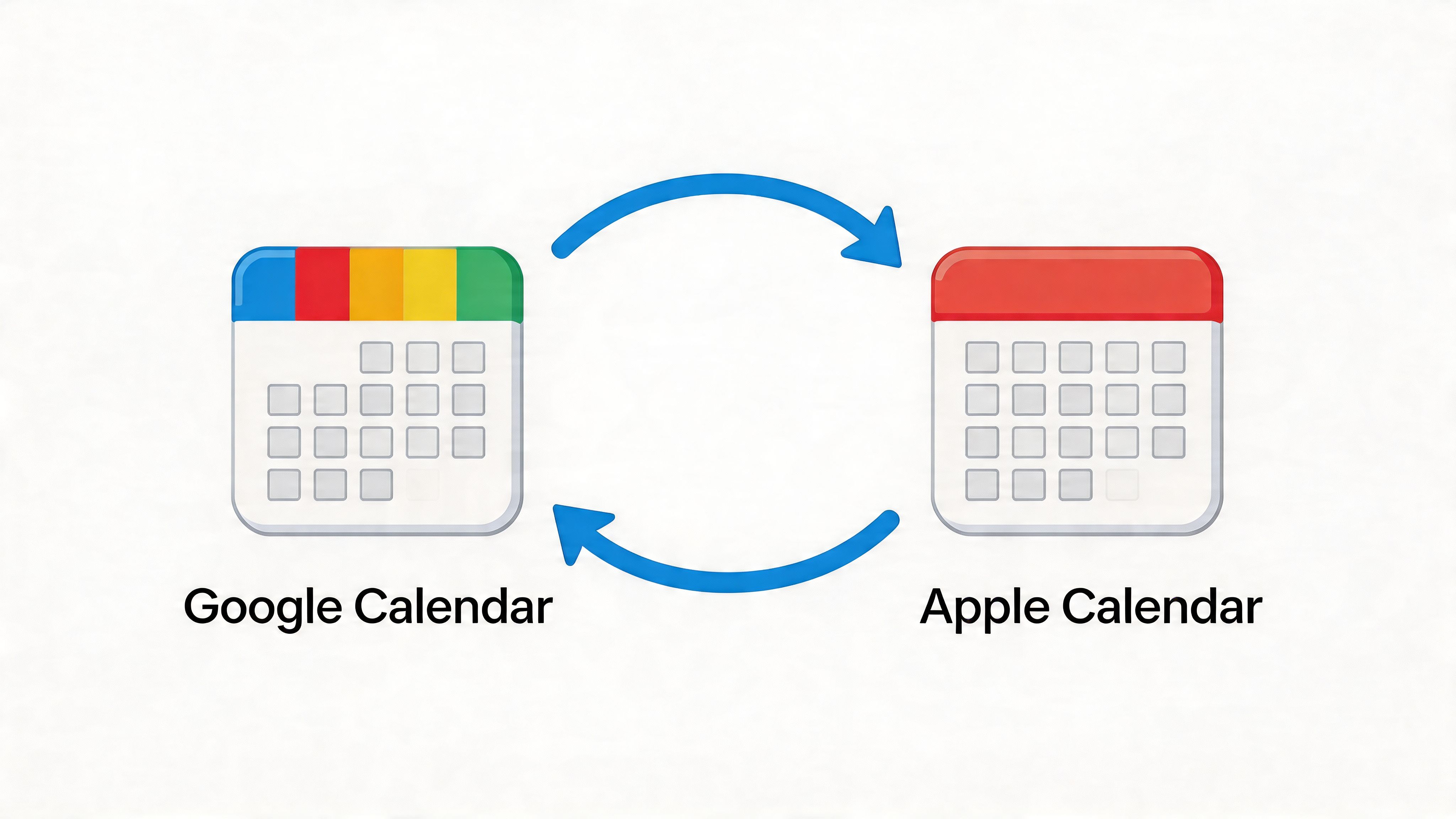 An illustration showing a synchronization arrow between the Google Calendar logo and the Apple Calendar app logo.