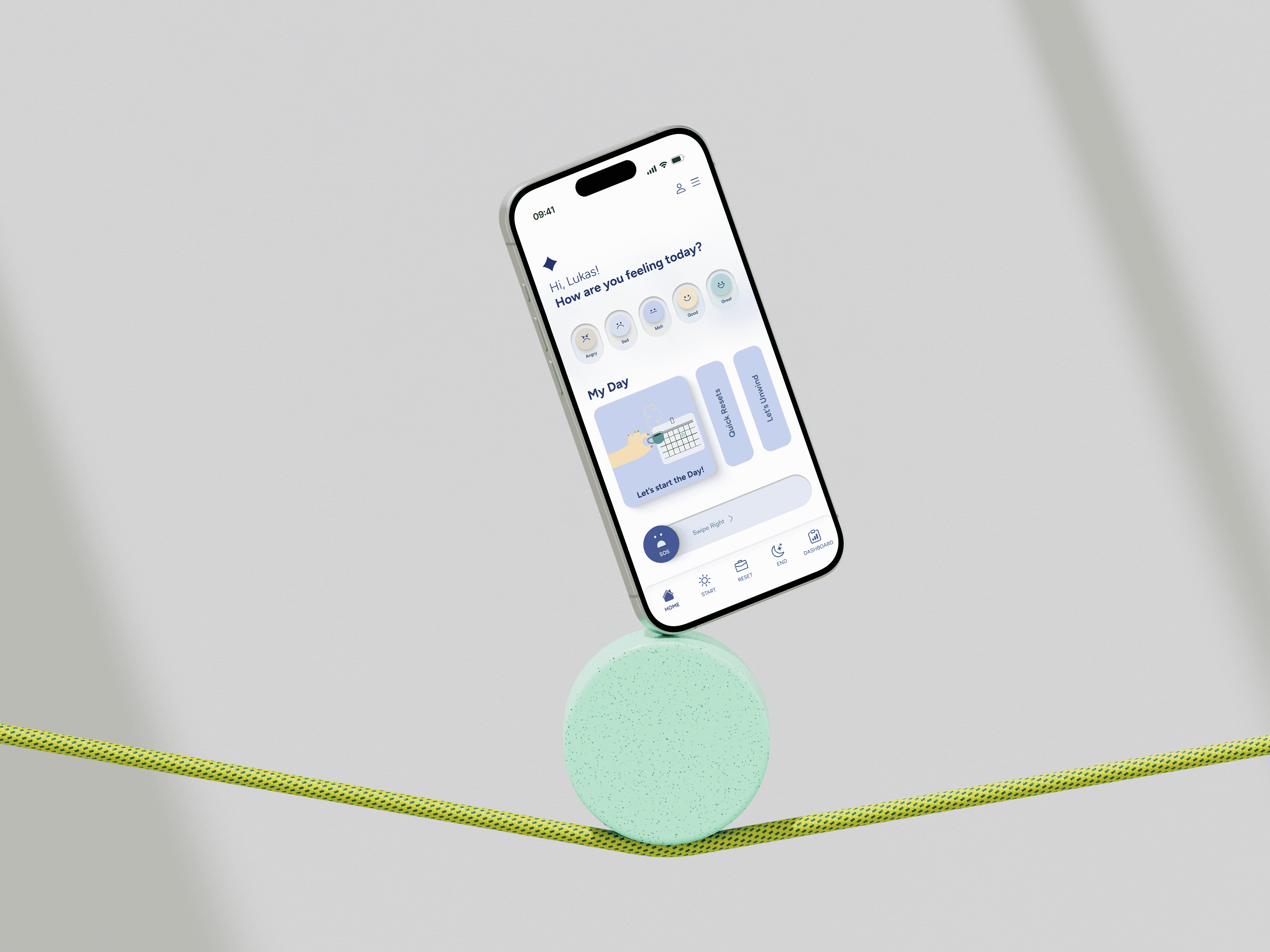 Minimal iPhone mockup of the Your Inner World app, designed by Lunatique Studio, placed on a textured rock surface