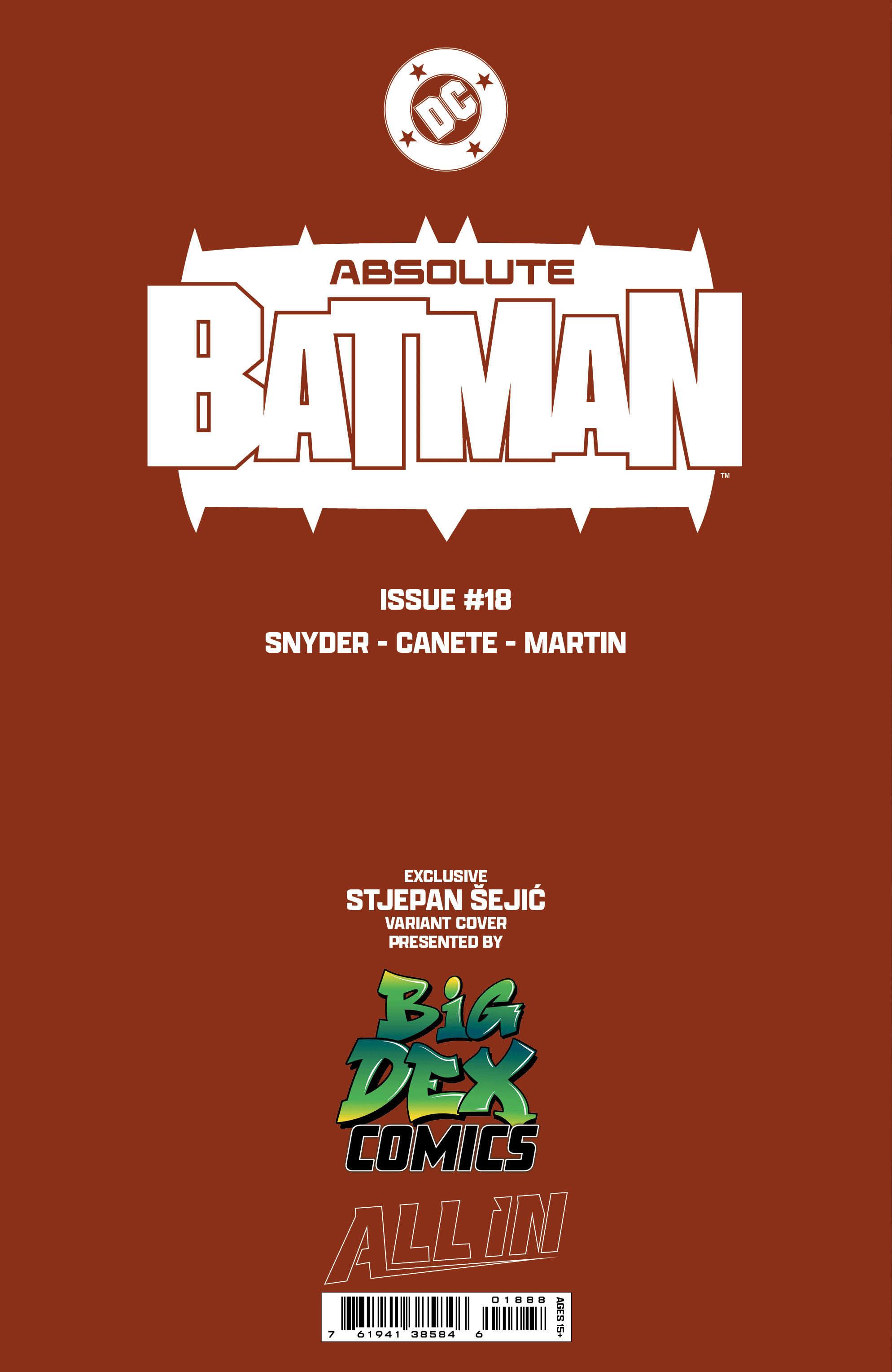 Absolute Batman #18 Big Dex Comics Exclusive Stjepan Sejic Virgin Variant Back Cover DC Comic