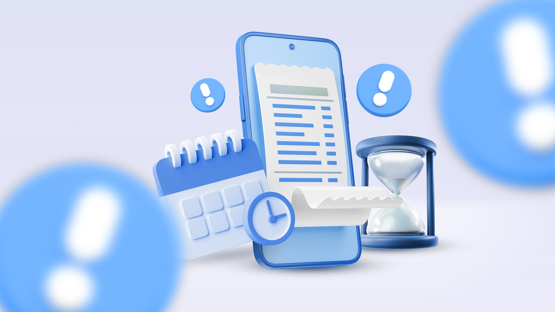 icona di smarphone, clessidra e calendario con punti esclamativi fluttuanti