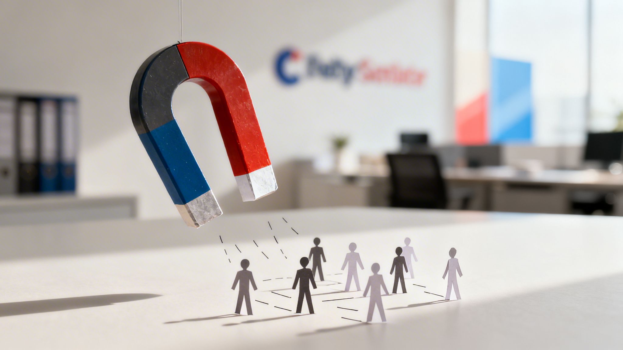 Un imán en forma de herradura atrae figuras de personas de papel en una oficina moderna, simbolizando la atracción de talento.