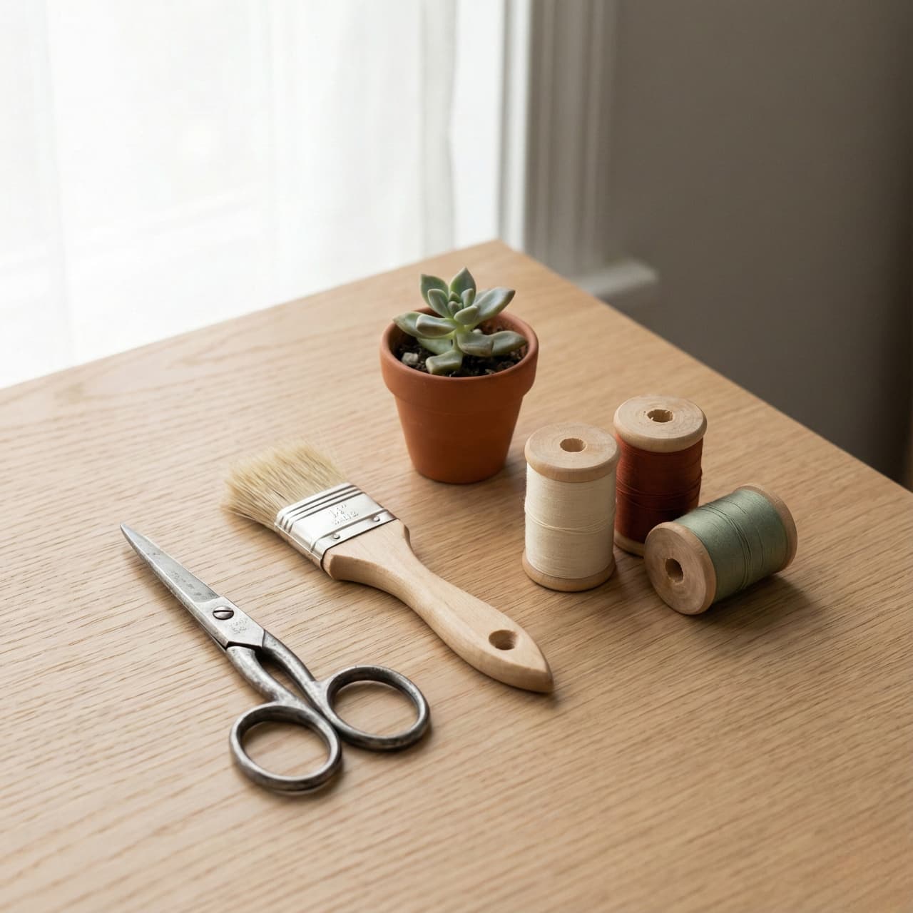 Scissors, a paintbrush, and spools of thread sit on a wooden table next to a small potted succulent by a window, suggesting a cozy crafting scene.