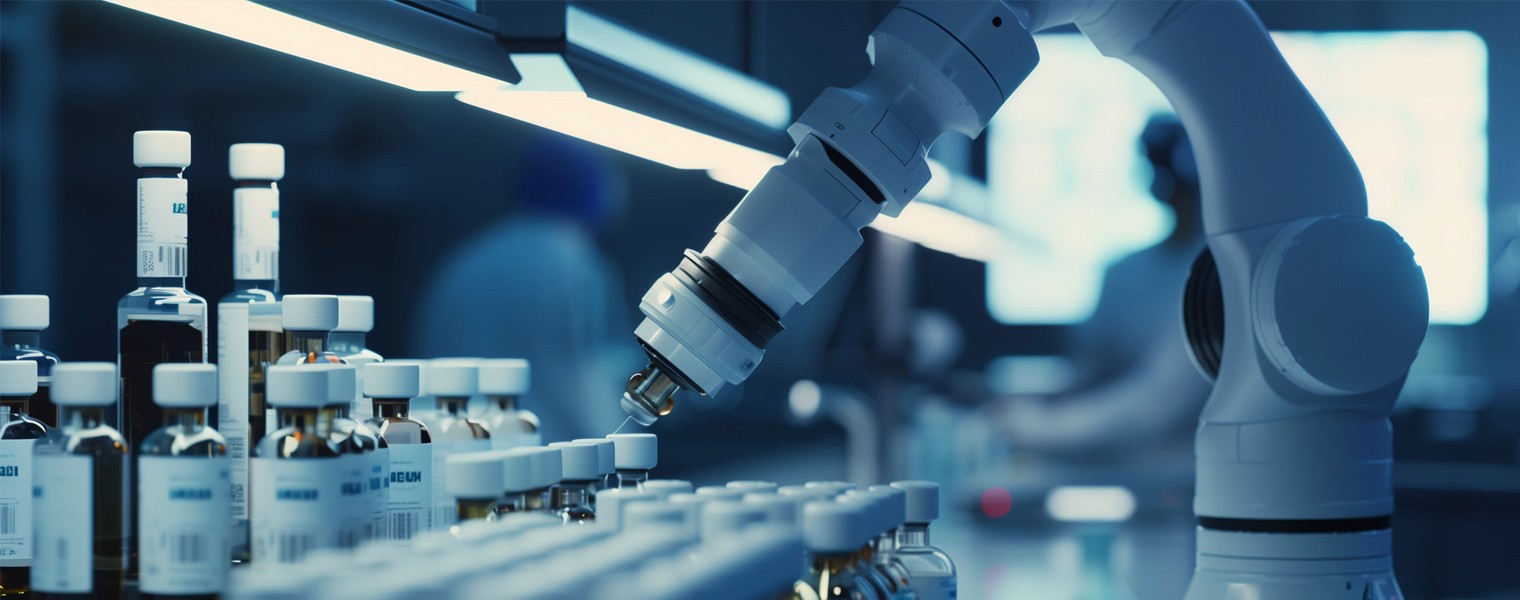 A robotic arm operates on pharmaceutical vials in a high-tech laboratory, showcasing advanced automation in medical device manufacturing.
