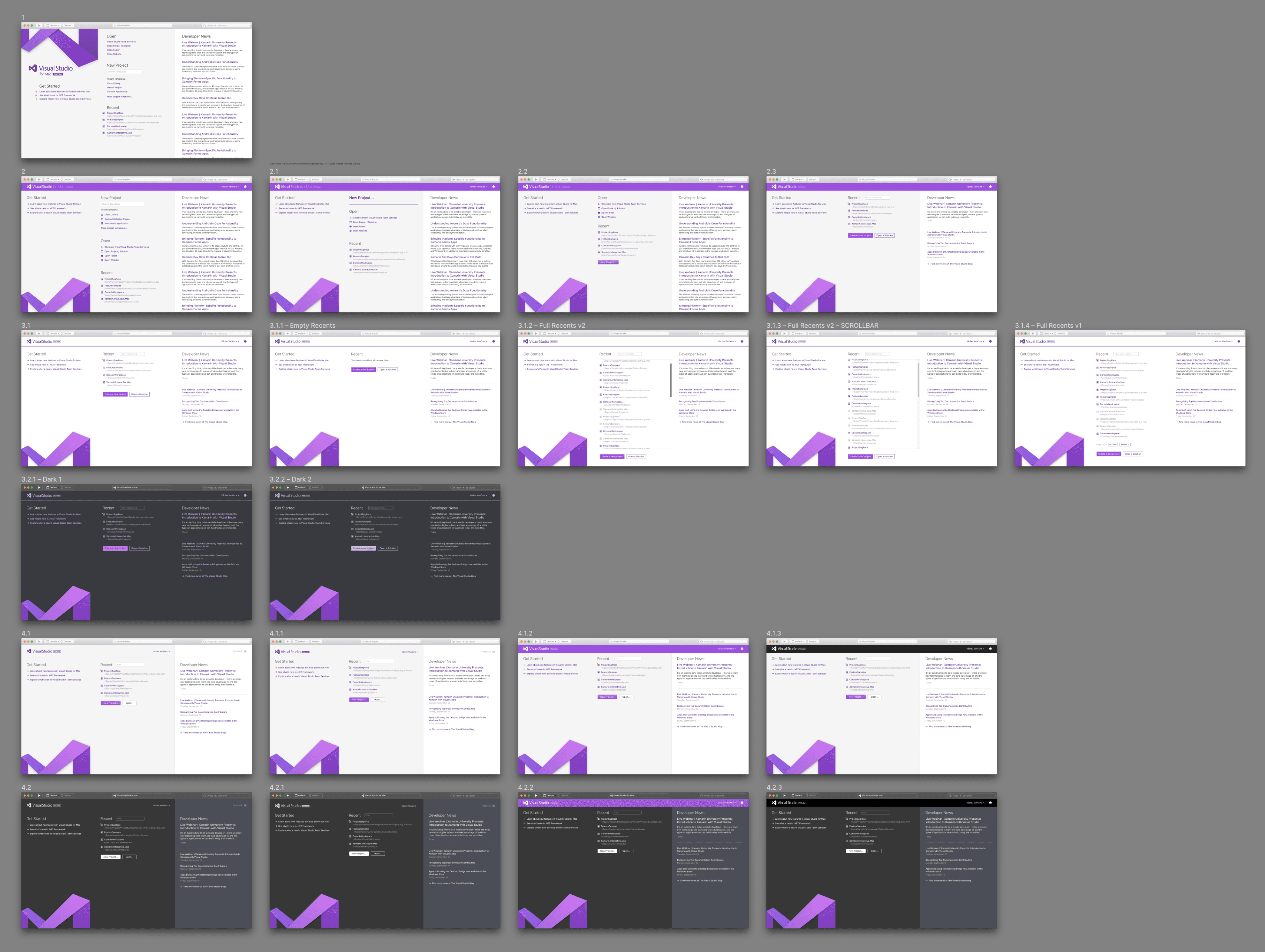 Collage of multiple UI design previews for the Welcome Screen in Visual Studio for Mac, showcasing different pages and features in both light and dark mode themes with prominent purple accents and the Visual Studio logo.