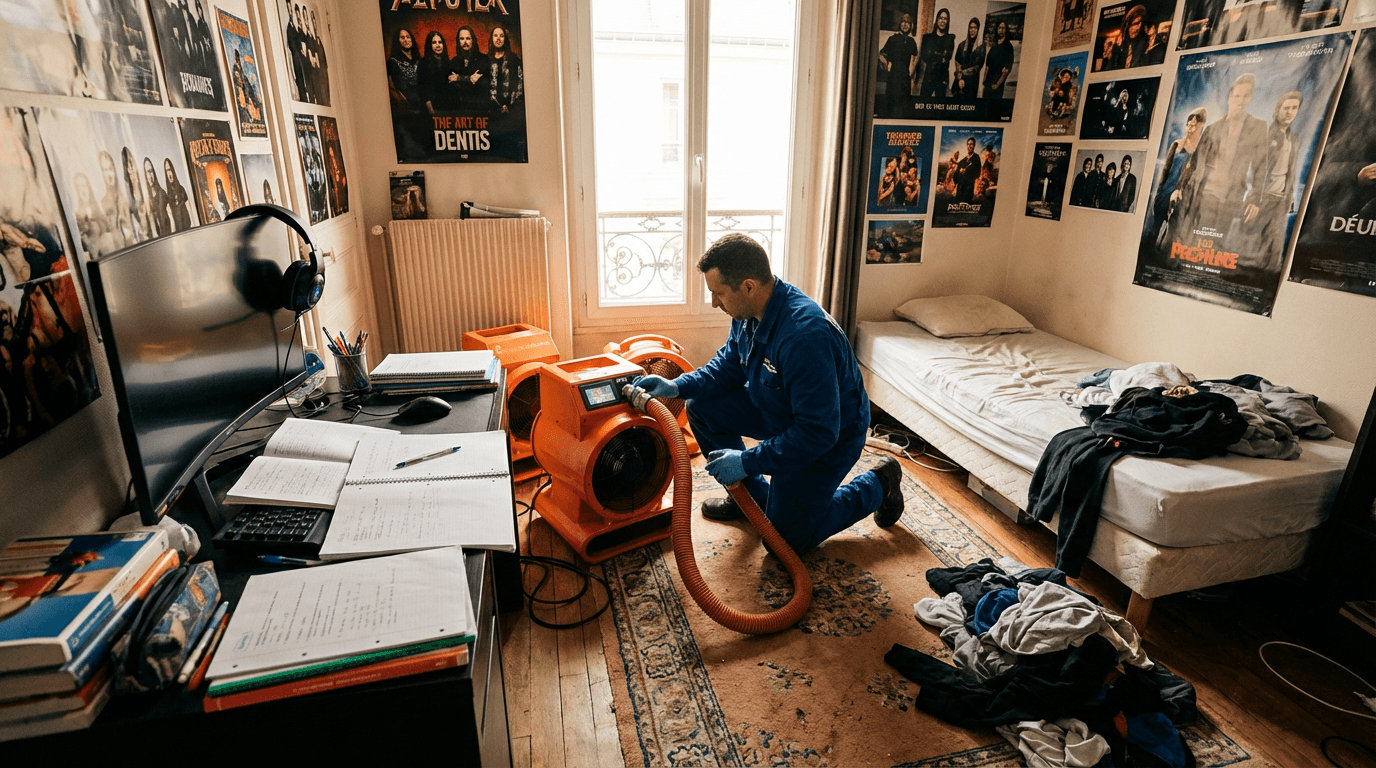 a man in a white coverall spraying water on a brick wall