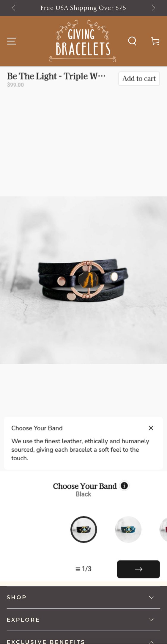 Jewelry product options include: bracelet for Be the Light Triple Wrap Bracelet from Giving Bracelets.