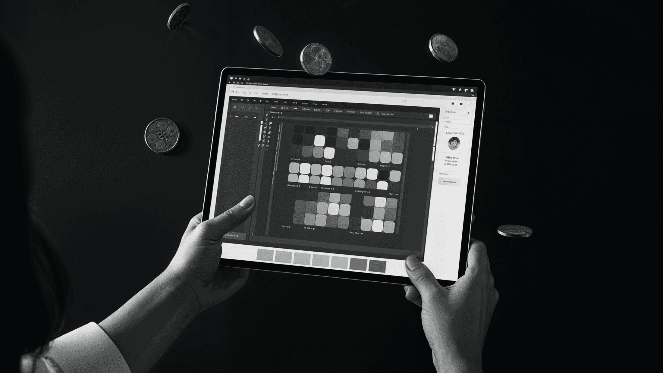 A black and white digital photograph of a person holding a tablet displaying a design or data visualization tool. The screen shows a grid of variously shaded squares with interface elements on the sides. The background is dark, with several coins appearing to be floating or flipping in mid-air, adding a surreal effect to the composition.
