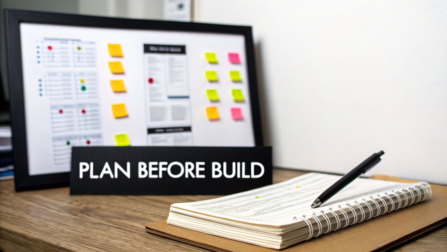 A 'PLAN BEFORE BUILD' sign on a wooden desk, with a notebook, pen, and a framed board with sticky notes in the background.