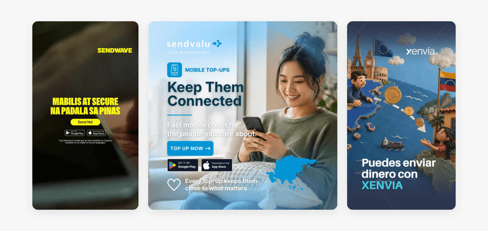 Sendwave, sendvalu and Xenvia creatives side by side