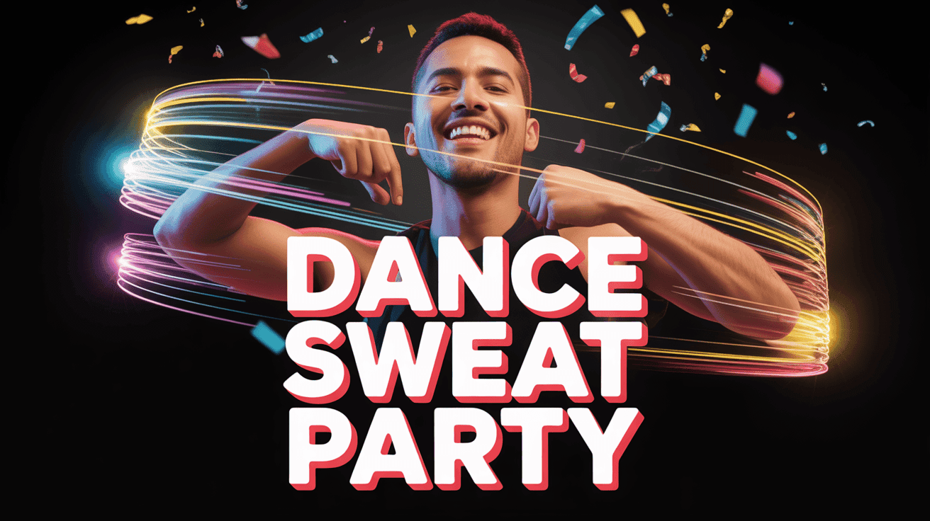 Dance Cardio Party Thumbnail Template featuring smiling instructor mid-dance with dynamic motion blur trails, confetti and stage lights