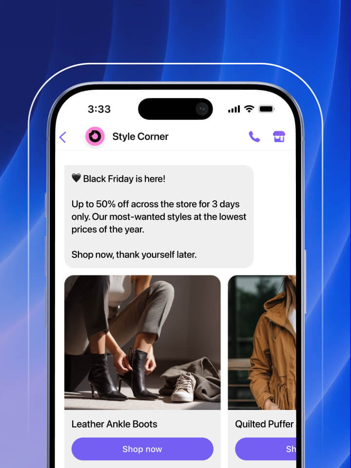 A woman smiles gently at her smartphone, which displays a Black Friday promotional Viber campaign delivered via Abelo. (mobile view)